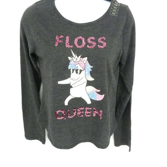 Members Mark Girls Floss Queen Unicorn Long Sleeve Shirt Size 14/16 Gray NWT - Picture 3 of 4